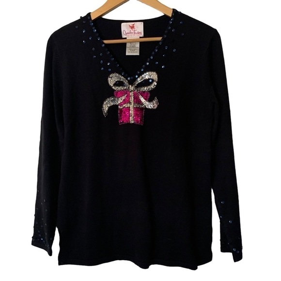 Quaker Factory Holiday Christmas Pink Sequined Gift Black Sweater Sz XS/S/M - Picture 1 of 7